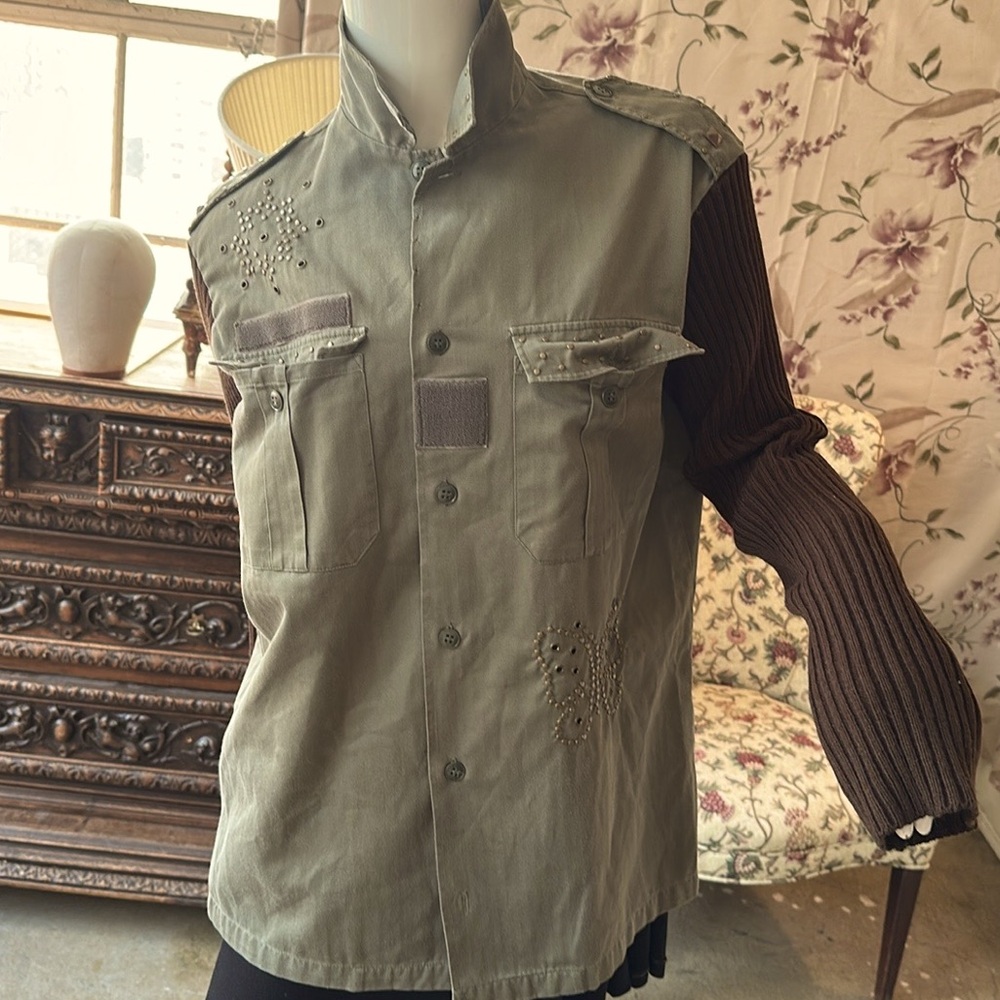 Military Green Cotton Jacket Knit sleeves Embellished beaded nail heads Gromets